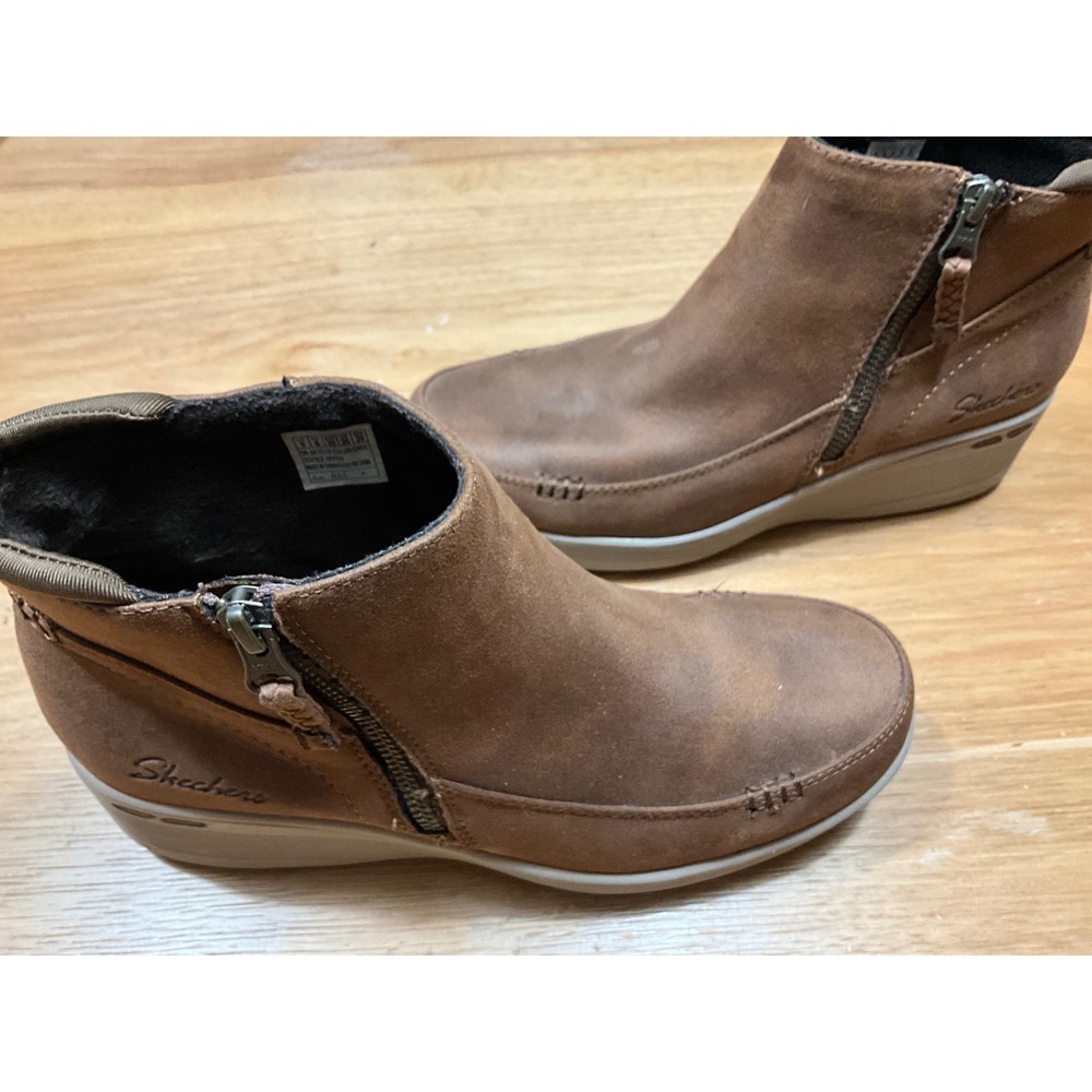 Skechers Womens Chocolate Brown Textile Ankle Boots Side Zip Wedge 167578 Size 9